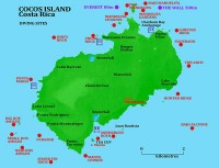 Cocos Island dive map; red- scuba, purple-submersible