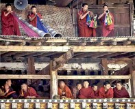 Monks and ceremonial horns, Paro Tsechu